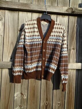 Vtg 70s Bostwick's For Men Cardigan Sweater Med Patterned Geometric Knit Brown